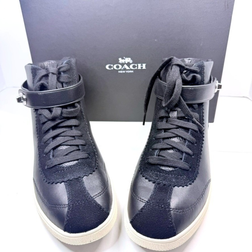 Coach High Top Turnlock Sneaker Women 9.5 Black Leather Suede Ankle Strap C213